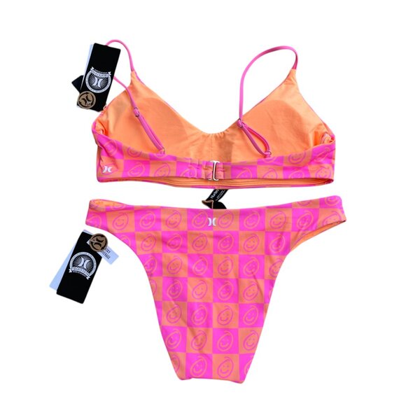 🌸 Hurley Smiley Checker Bikini Set L Neon Pink Orange Swim Top & Bottom - Picture 4 of 7